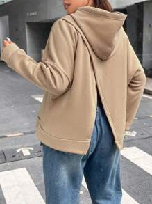 Flirla Áo nỉ dáng rộng xẻ lưng, vai rớt - Màu Khaki - Xem 4