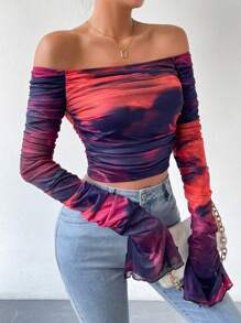 SHEIN Privé 紮染一字肩荷葉袖褶邊短款上衣 - 酒紅色 - 查看 1