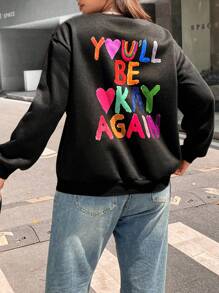 Flirla Plus Heart & Slogan Graphic Drop Shoulder Sweatshirt Pullover Fall Sweatshirt - Black - View 6