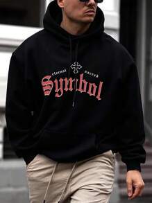 Manfinity LEGND Men Plus Letter Graphic Kangaroo Pocket Drawstring Hoodie