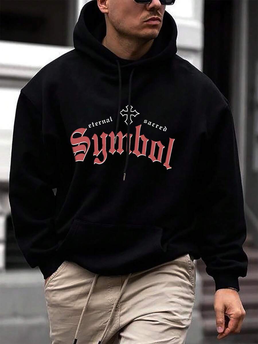 Manfinity LEGND Men Plus Letter Graphic Kangaroo Pocket Drawstring Hoodie