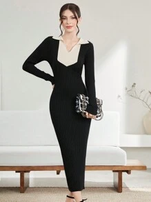 Modelyn Vestido de punto de cuello V tejido de canalé - Negro - Ver 1