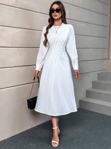SHEIN Privé Solid Fold Pleated Detail A-line Dress - White - View 1