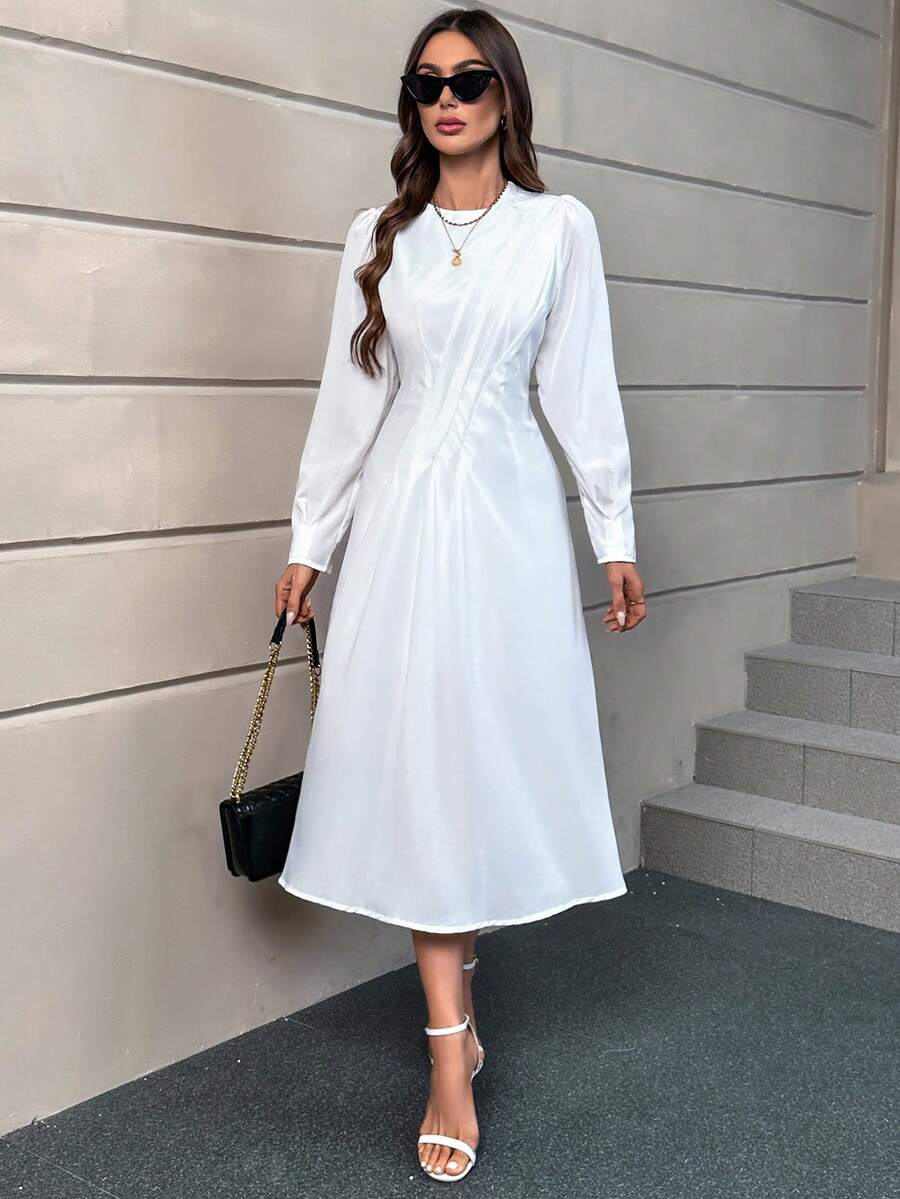 SHEIN Privé Solid Fold Pleated Detail A-line Dress - White - View 1