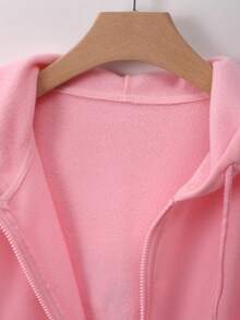 SHEIN Unity 拉鏈開襟落肩袖抽繩加絨內裏連帽衫 - 粉色 - 查看 9