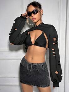 SHEIN ICON 素色破洞微短款連帽衫不附文胸 - 黑色 - 查看 5