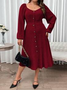 Franclia Plus Sweetheart Neck Lantern Sleeve Single Breasted Dress, Burgundy Women Outfit