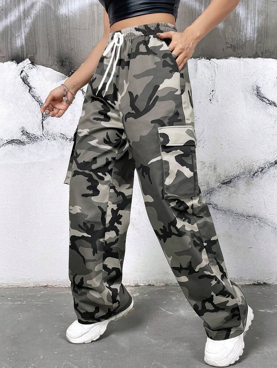 SHEIN Coolane Camo In Túi nắp bên cạnh Eo dây rút Quần Cargo - Nhiều màu - Xem 1