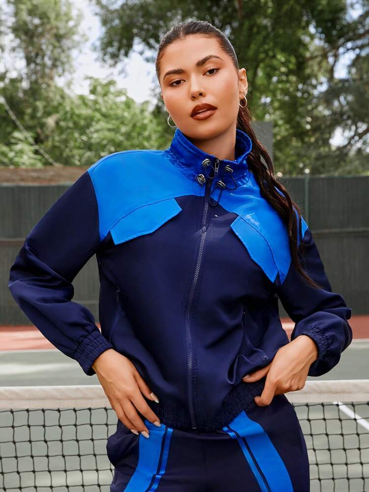 Two Tone Drawstring Waist Zip Up Jacket