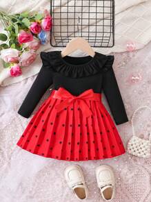 Đứa bé gái In vết tròn Polka Viền Ruffle Viền xếp Váy có thắt lưng - Nhiều màu - Xem 1