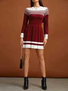 SHEIN Tall 幾何圖案百褶下擺毛衣洋裝 - 紅白色 - 查看 4