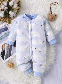 女嬰卡通圖案毛茸茸連身褲 - 藍色 - 查看 1