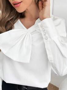 SHEIN Privé Mặt trước Nơ Lớn Ống tay áo Áo sơ mi - trắng - Xem 5