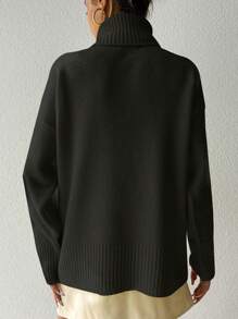 EURMUSE 高領落肩袖套頭毛衣 - 黑色 - 查看 2