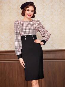 SHEIN DECDS Plaid Print Button Detail Lantern Sleeve 2 In 1 Dress - Multicolor - View 6