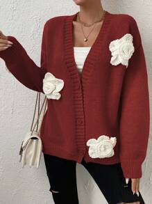 SHEIN Unity Hoa âm thanh nổi Thả vai Nút phía trước Áo len Mở - Màu Đỏ Sâu - Xem 1