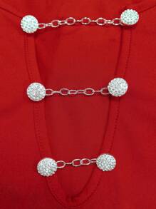 SHEIN LUNE Talla grande Camiseta con diamante de imitación & con diseño de cadena de cuello de muesca - Rojo - Ver 3