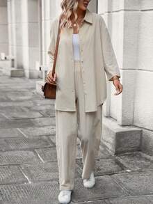 SHEIN LUNE Drop Shoulder Shirt & Pants - Apricot - View 3