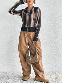 SHEIN EZwear In sọc Chi tiết Patched thư Dây kéo Áo thun - màu đen - Xem 4