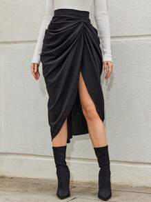 EURMUSE Solid Ruched Split Thigh Skirt - Black - View 5