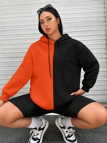 SHEIN EZwear 加大码双色卡通图案落肩卫衣 - 橘色 - 查看 4