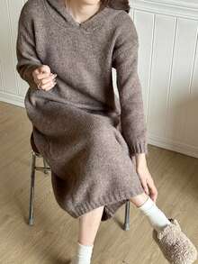 Solid Drop Shoulder Hooded Sweater Dress - Coffee Brown - View 3