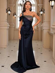 单肩撞色亮片开叉大腿缎面礼服优雅舞会晚会婚礼宾客礼服，适合毕业典礼、晚宴 - 藏蓝色 - 查看 9