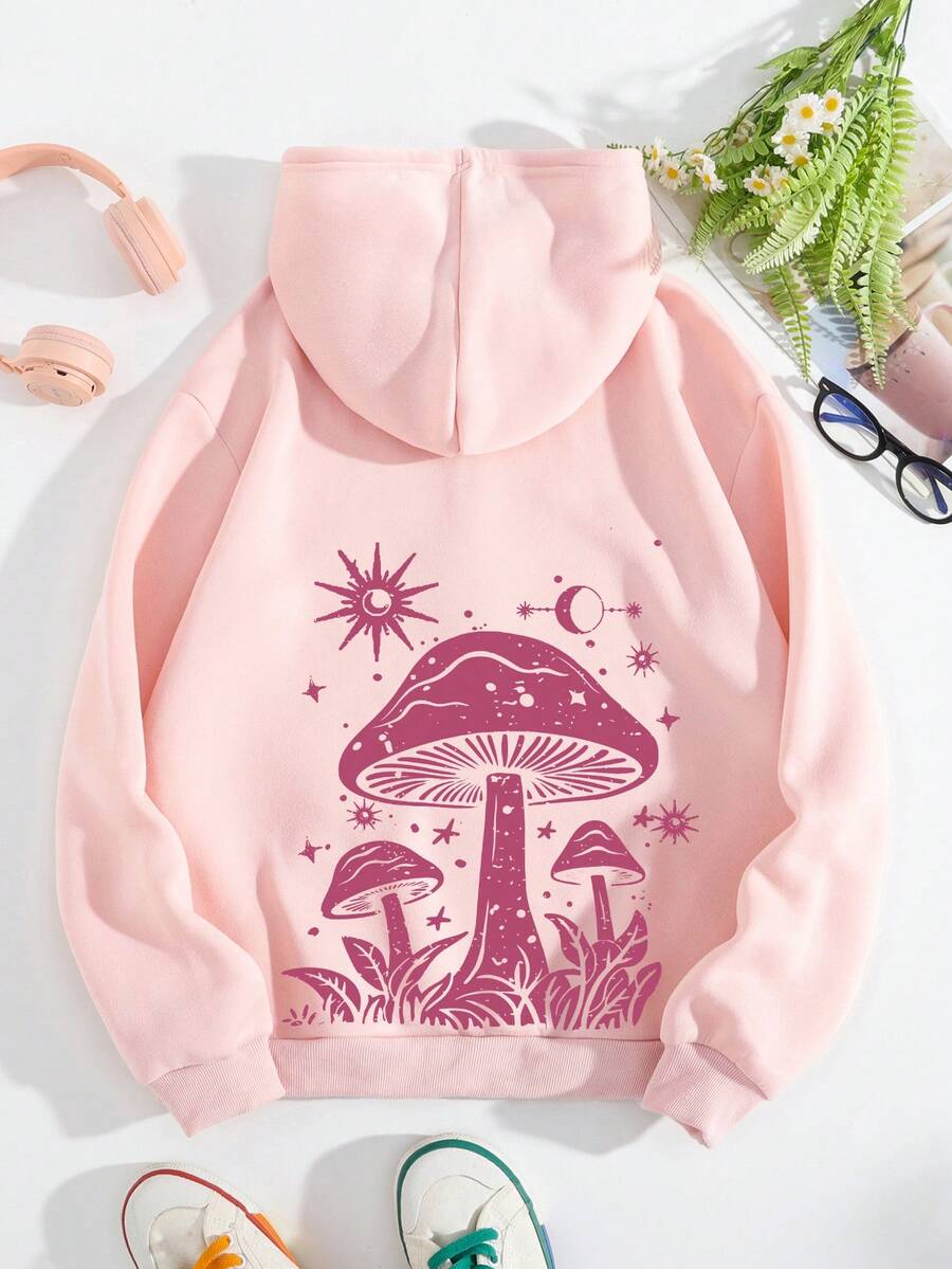 SHEIN EZwear In Nấm Dây rút Lót nhiệt Hoodie - Hồng - Xem 1