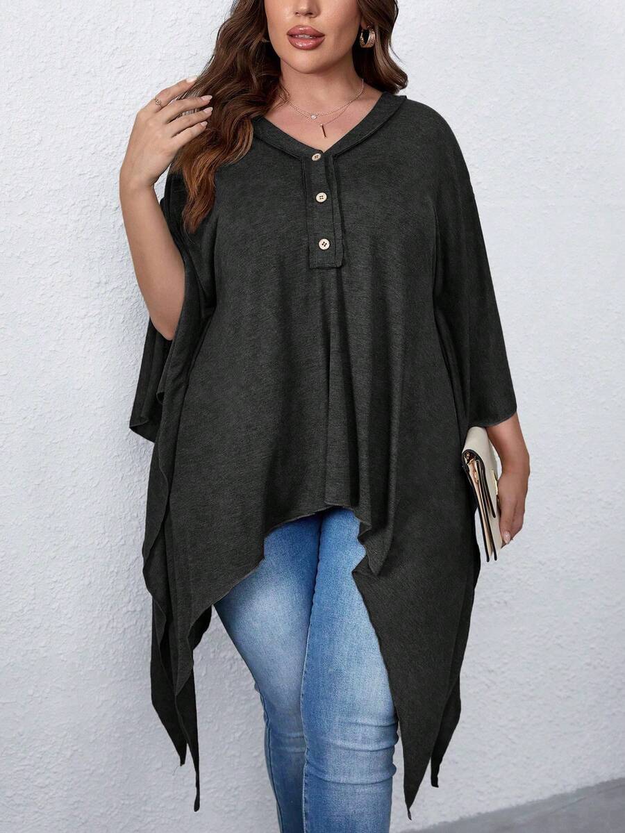 SHEIN LUNE Plus Batwing Sleeve Button Front Asymmetrical Hem Tee - Grey - View 1