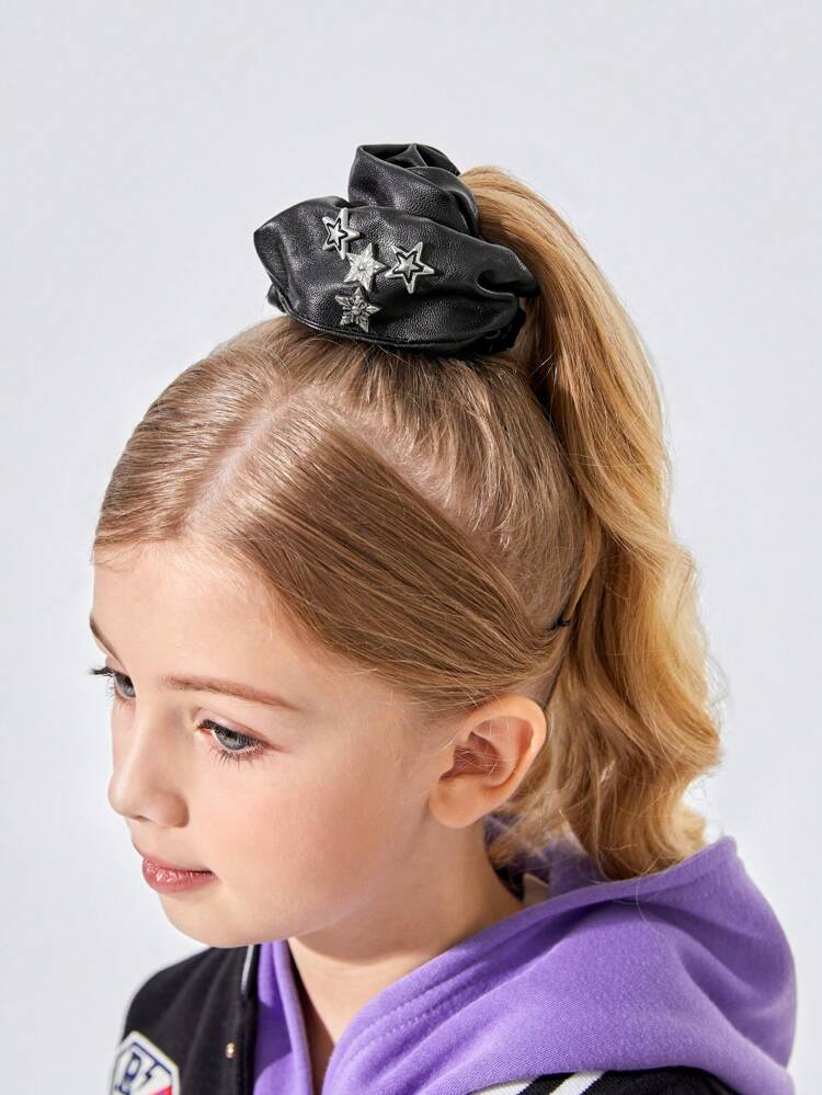 2pcs Girls' Fashionable Street Style Pu Leather Headbands With Metal Star Decoration, Great For Daily Wear, Fashion Week, Photo Shooting And Music Festival, Black & Silver