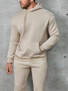 Manfinity Homme Men Kangaroo Pocket Drawstring Hoodie & Sweatpants - Khaki - View 3