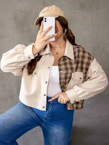 SHEIN EZwear Plus Contrast Plaid Print Drop Shoulder Flap Pocket Jacket - Khaki - View 4