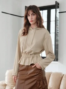 SHEIN Unity Camiseta De Manga Larga Con Capucha Y Dobladillo Acampanado - Caqui - Ver 1
