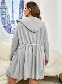 SHEIN LUNE Plus Drawstring Waist Dual Pocket Drop Shoulder Hooded Cardigan - Grey - View 2