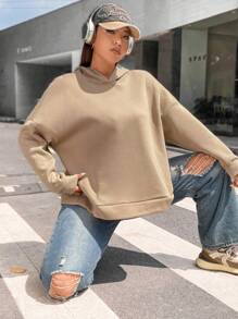 Flirla Áo nỉ dáng rộng xẻ lưng, vai rớt - Màu Khaki - Xem 2