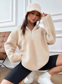 SHEIN Unity 秋冬羊羔绒百搭套头衫，百搭简约的设计 - 杏色 - 查看 5