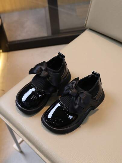Kids' Comfortable Soft Sole Flat Shoes With Big Bow, Black Pu Leather