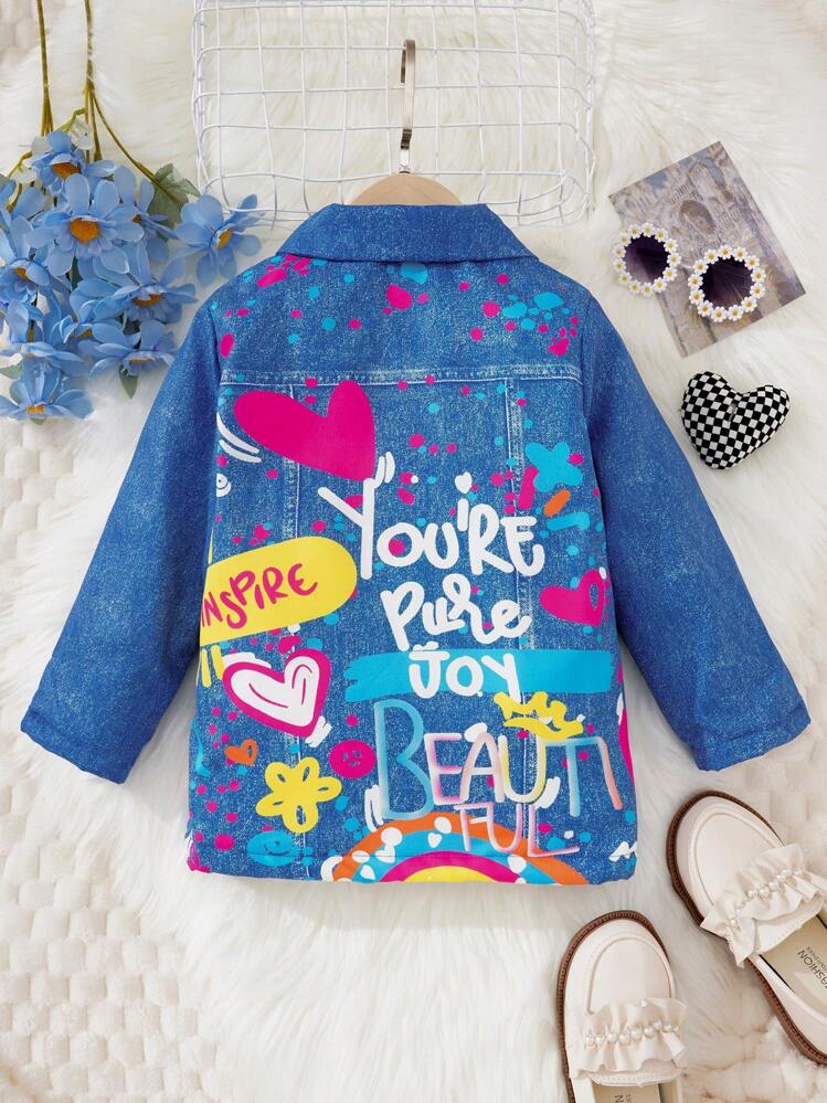 SHEIN Jeune Fille Manteau Slogan Et Dessin Animé - Bleu azur - Voir 1
