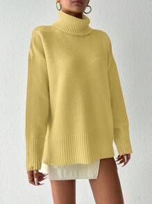 EURMUSE Turtleneck Drop Shoulder Sweater - Yellow - View 3