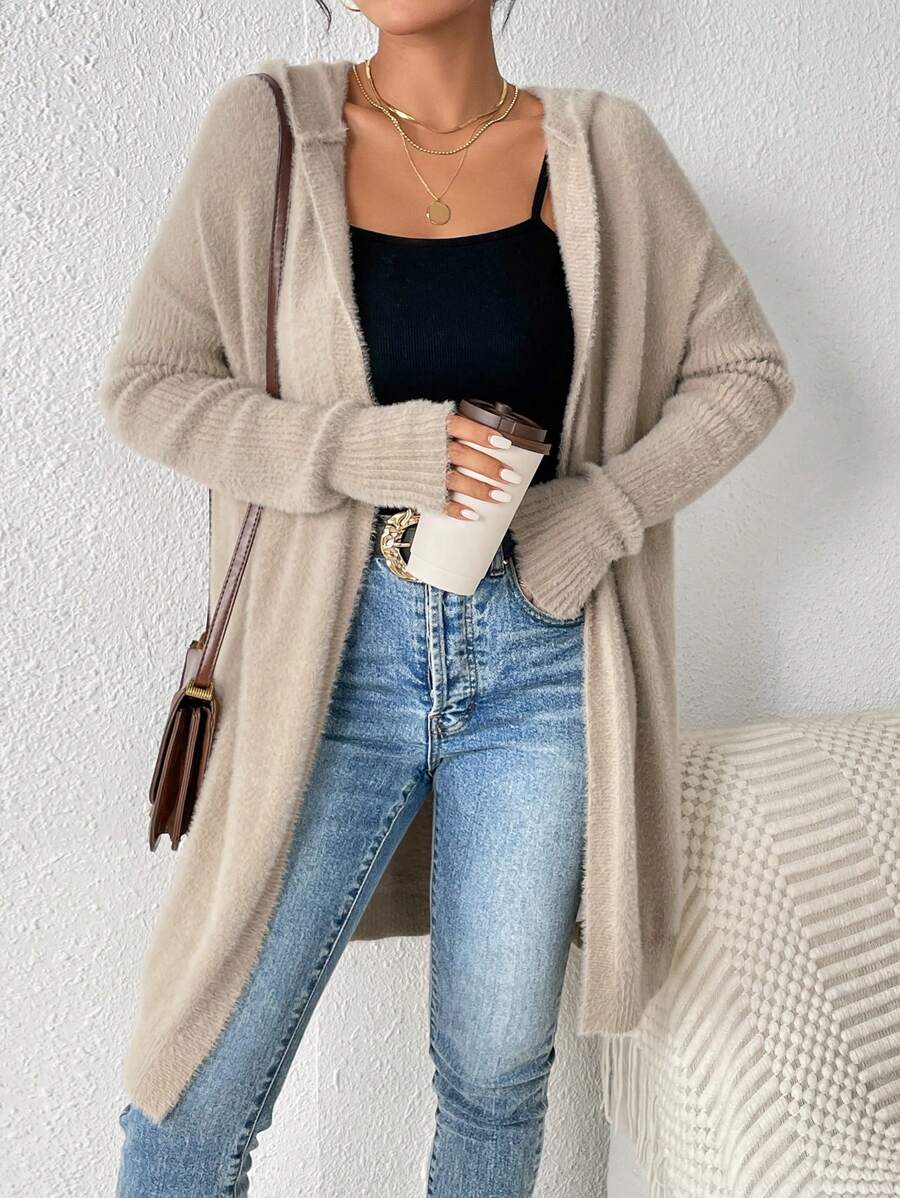 SHEIN Frenchy Dài áo có mũ Áo len Mở Với Thả vai - Màu be - Xem 1