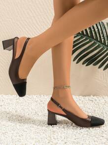 Xin Jing Shoes 女士新款简约方头套脚高跟鞋，时尚粗跟通勤鞋 - 咖啡棕 - 查看 6