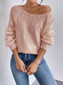 SHEIN Essnce Jersey con cuenta de perla de manga raglán - Caqui - Ver 3