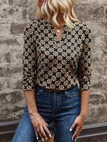 SHEIN Clasi 滿版印花缺口領襯衫 - 黑色 - 查看 4