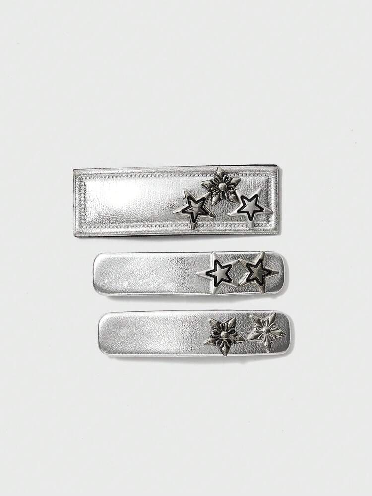 3pcs/set Fashionable Cool Girls' Silver Pu Leather Star Hair Clip Set For Street Style, Daily Wear, Photography, And Travel