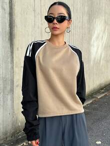 Dazy Star Contrast Binding Raglan Sleeve Striped Tape 2 In 1 Sweatshirt - Khaki - View 4