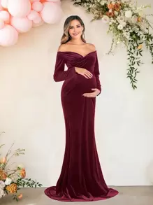 优雅丝绒V领长袖修身孕妇连衣裙，适合参加迎婴派对和拍照活动 - 酒紅色 - 查看 3