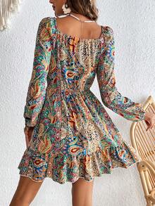 SHEIN VCAY Paisley Print Lantern Sleeve Dress - Multicolor - View 2