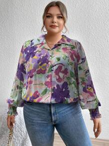Flirla 大碼印花喇叭袖襯衫 - 彩色 - 查看 3