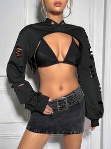 SHEIN ICON 素色破洞微短款連帽衫不附文胸 - 黑色 - 查看 2