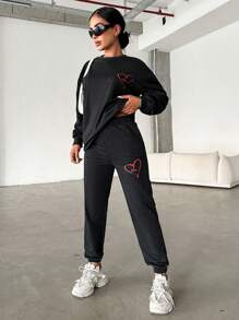 EURMUSE Heart Print Drop Shoulder Sweatshirt & Sweatpants - Dark Grey - View 5
